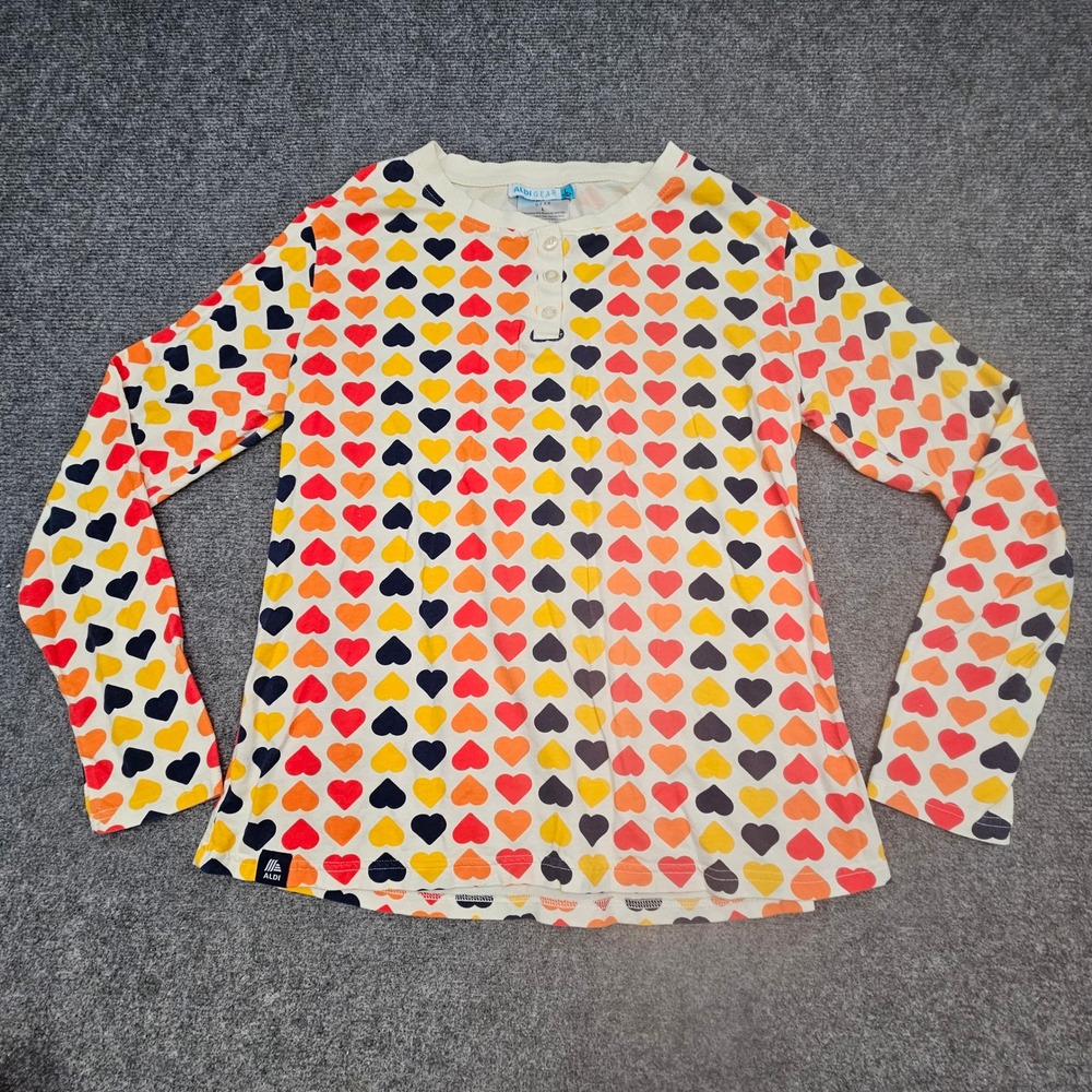 Aldi Gear pajama Top Women Large Multicolor Heart Print Long Sleeve Cotton